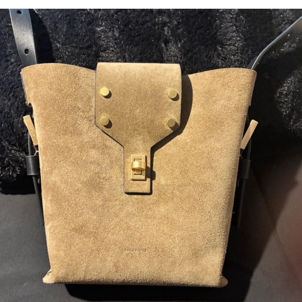 AllSaints Suede Crossbody Bucket Bag in Taupe with Black Strap - Picture 13 of 13